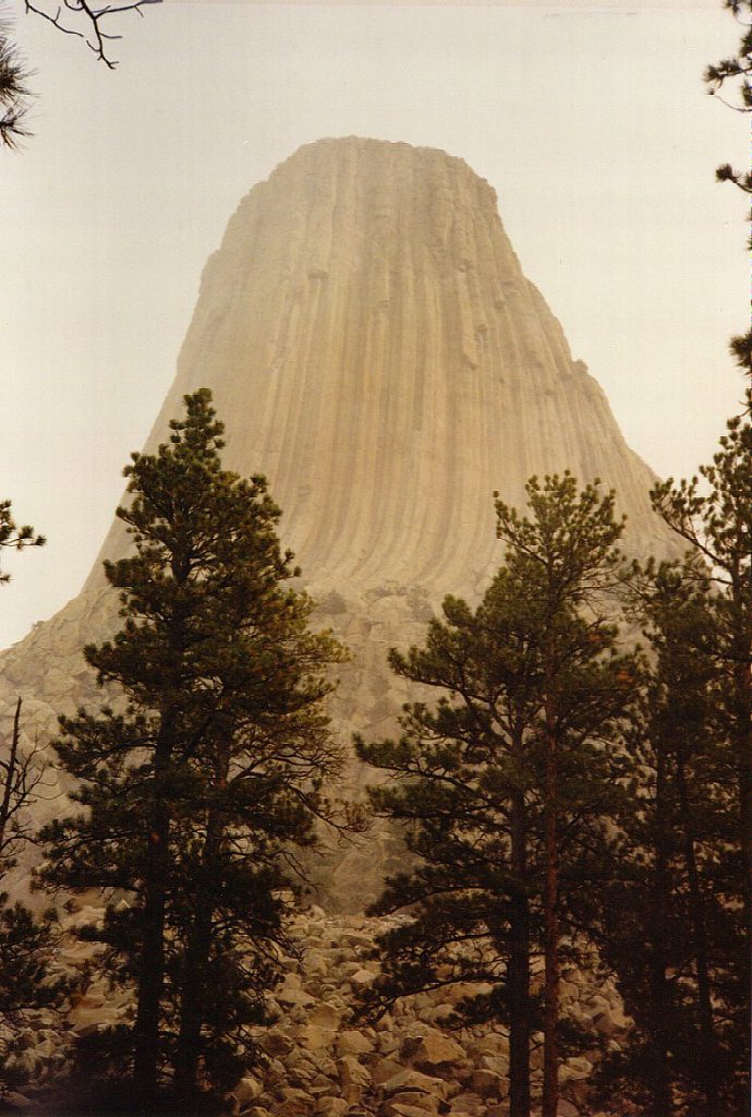 The Devil's Tower in snowfall -- yes, the weather was still with us. The Devil's Tower is the central plug of an old volcano whose shield walls have all eroded leaving the much harder to erode solidified magma plug behind.