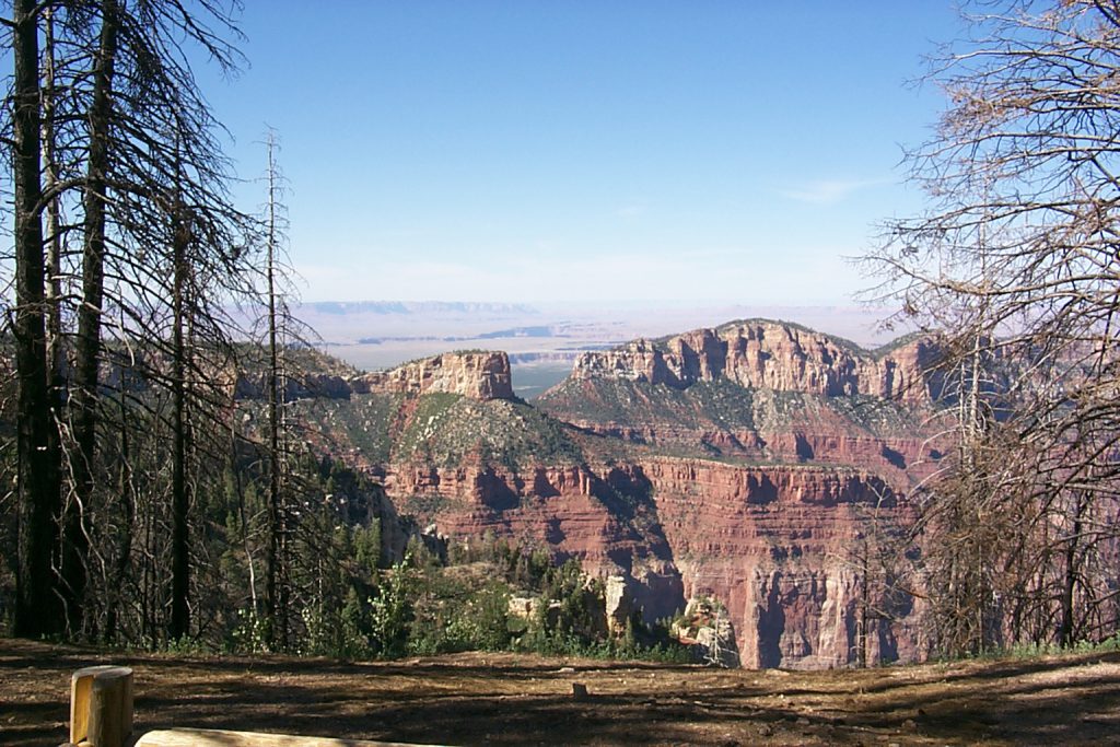 This picture shows more beautiful colour in a view directly east from the northern part of Point Royal. You can see the Colorado River meandering in a smaller canyon as it disappears in the distance at Marble Canyon. You can't actually see Marble Canyon but you can see the Vermillion cliffs in the distance which are just north and west of Marble canyon.