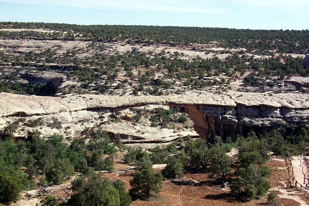 This photo shows Sipapu bridge. This slender and lengthy bridge is the most notable and familiar bridge in the park. You can see a good trail leading to it on the right of the photo.