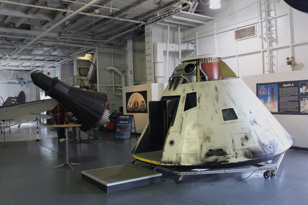 Splashdown! One of the jobs that the crew of the Yorktown performed was to pickup space capsules that splashed into the ocean (Yes, pre-shuttle!)