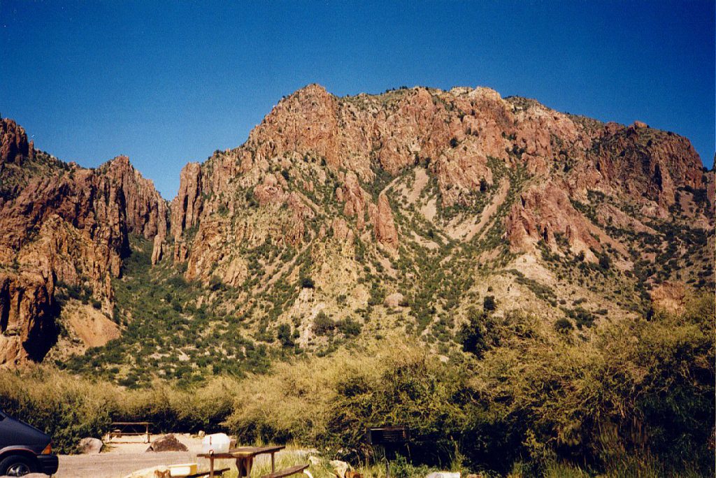 This is a shot of the Chisos Mountains from our campsite. The mountains are obviously volcanic and surround the camp area. Sunrise is late and sunset is early, but each can be very spectacular.