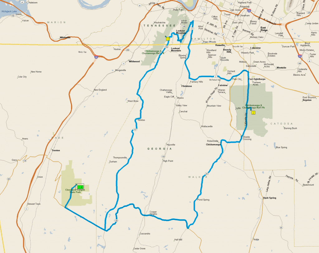 Our path to tour Chickamauga and Lookout Mountain from our camp at Cloud Land.
