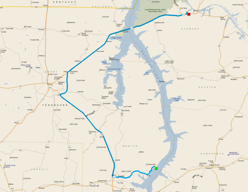 A track of our trip from Nathan Bedford Forest State Park to Fort Donelson.
