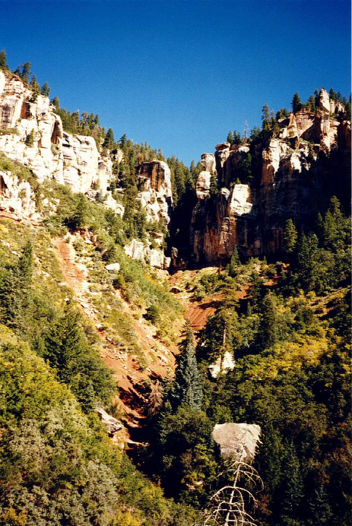 This photograph is taken from about 3000 ft. down the North Rim Trail. The North Rim is far steeper than the South Rim due to the higher rate of erosion by a heavier rainfall. The trails are tough!