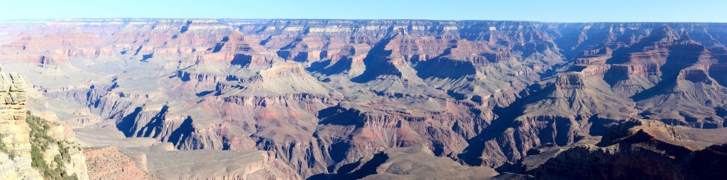 North from Mather Point. The bright sun almost washes out the left of the frame while the morning shadows darken the right. A study in contrast.