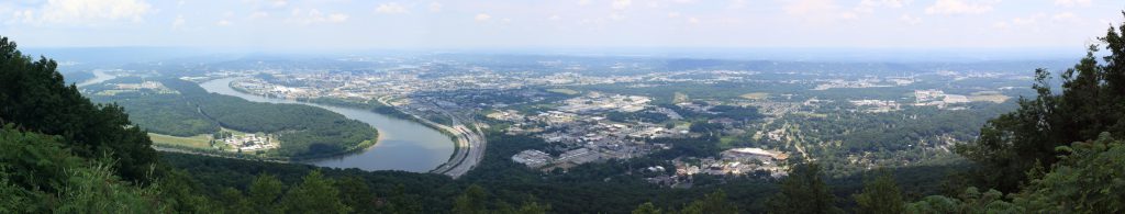 The view over Chattanooga from Lookout Mountain (looking north-east). You can see the 'Moccasin Bend' of the Tennessee river on the left.