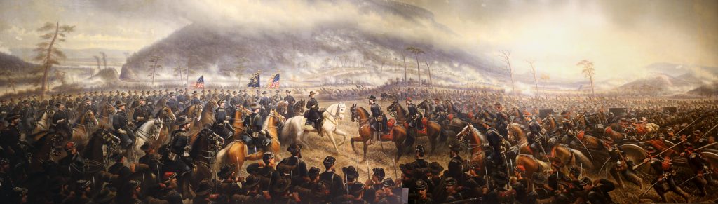 Artist rendering of the meeting of Grant and Rosecrans as Grant relieves the siege of Chattanooga. Hooker is shown in the far background near lookout mountain as he drove the Confederate army south to Dalton.