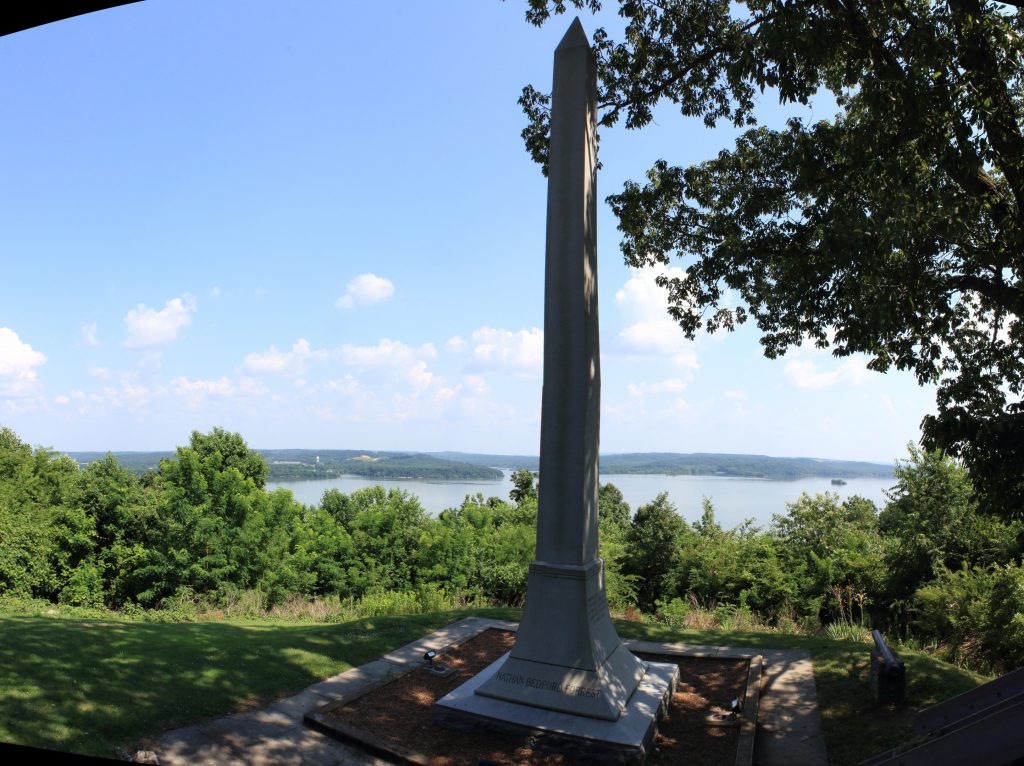 A memorial to Nathan Bedford Forest for a small battle he won here at the State Park bearing his name. The memorial overlooks Kentucky Lake (Tennessee River).