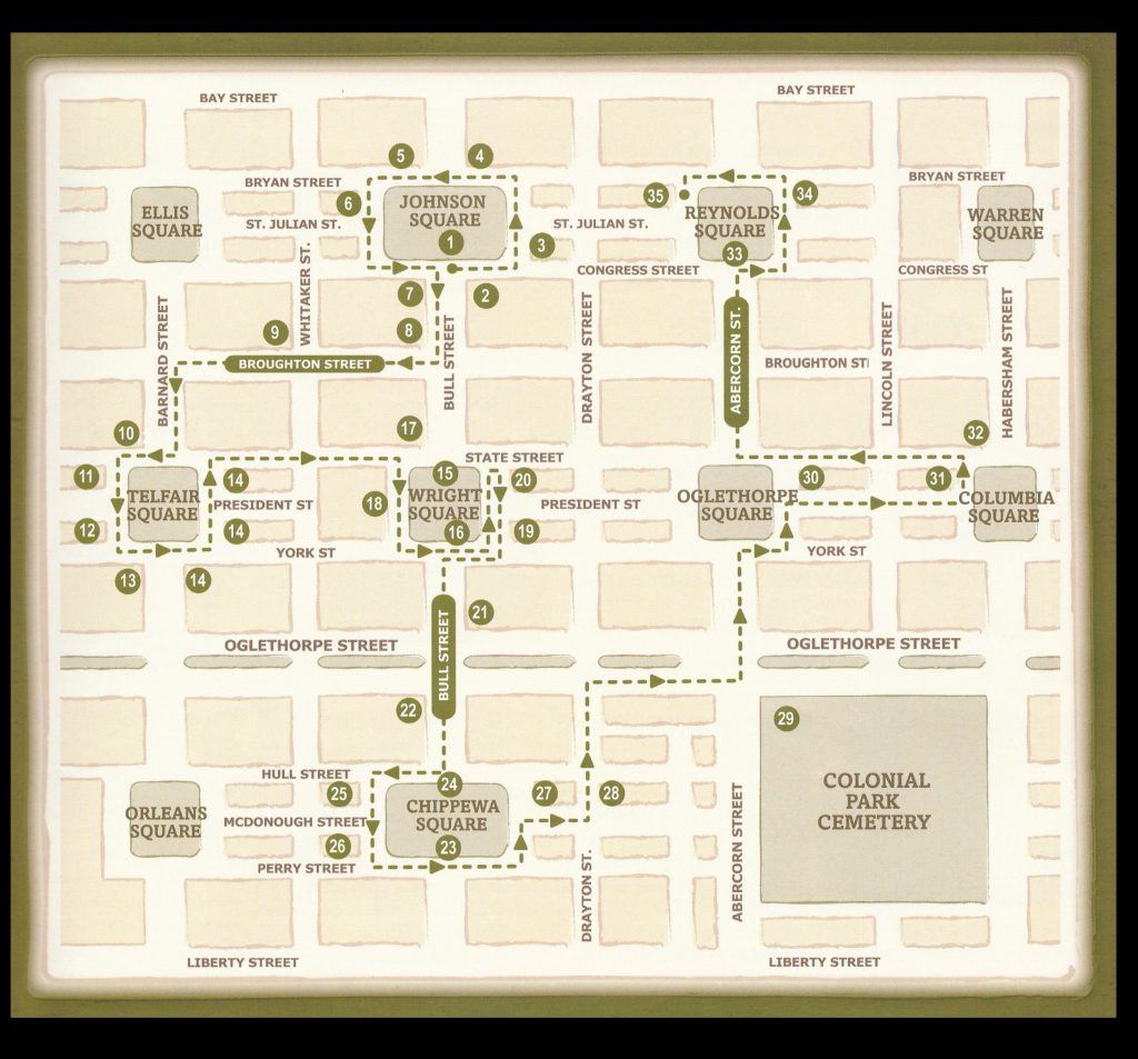 A diagram showing the 'standard' layout of the squares in downtown Savanah. The city was designed around the squares and as the city grew, the squares were replicated to provide new neighbourhoods with residential, business and civic services to the square.
