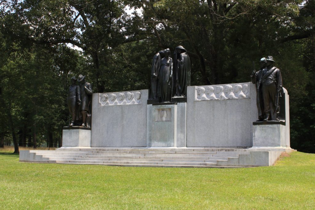 A confederate memorial showing the pride of the south entering the battle on the right and the dejection after defeat as they left the battle on the left. In the middle is the 'sisters of the confederacy' as they weep over A.S. Johnston's death during the battle.