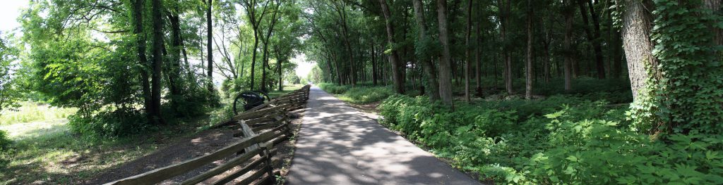A walk way along the line of battle for one of the engagements in this battle. Troops on the left were attacking troops dug in on the right among the forest and a well chosen set of rocks.